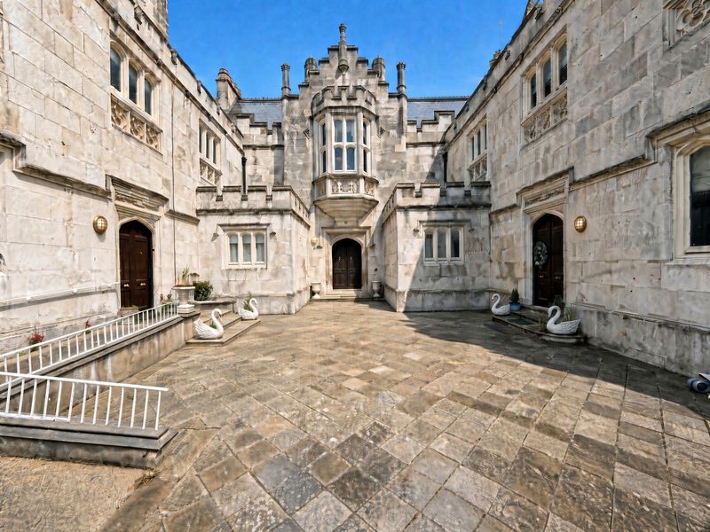 The flagstone courtyard at Ingress Abbey