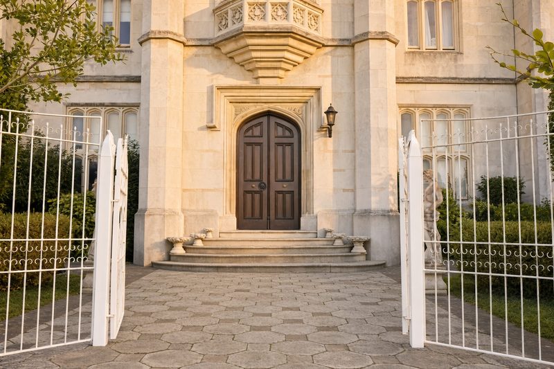 Front entrance with gates, steps and the main door – Ingress Abbey